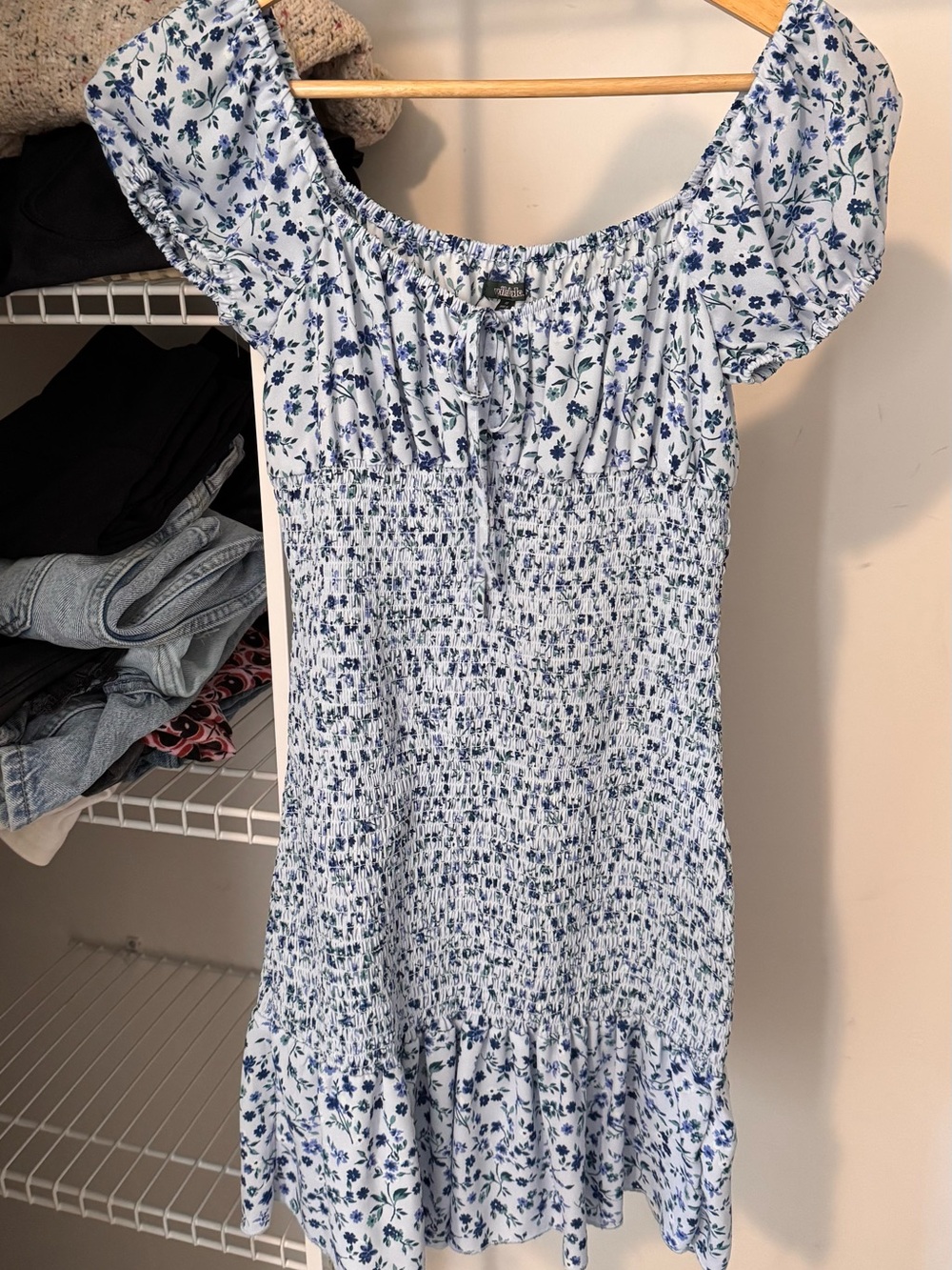 wild fable White and Blue Floral Smocked Off-Shoulder dress
